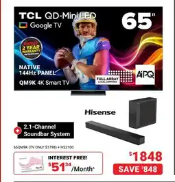 Visions Electronics TCL 65 QD-Mini LED Google TV +Hisense 2.1-Channel Soundbar System offer