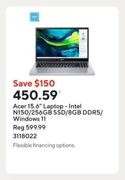 Staples Acer 15.6 Laptop - Intel N150/256GB SSD/8GB DDR5/Windows 11 offer