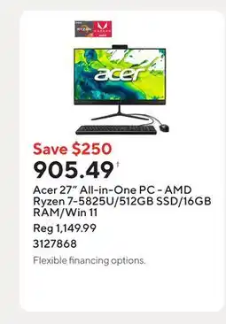 Staples Acer 27 All-in-One PC - AMD Ryzen 7-5825U/512GB SSD/16GB RAM/Win 11 offer
