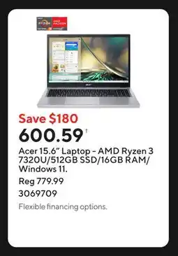 Staples Acer 15.6 Laptop - AMD Ryzen 3 7320U/512GB SSD/16GB RAM/Windows 11 offer