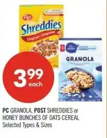 Shoppers Drug Mart PC granola, post shreddies or honey bunches of oats cereal offer