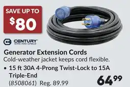 Princess Auto 15 ft 30A 4-Prong Twist-Lock to 15A Triple-End Generator Extension Cords offer