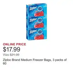 Costco Ziploc Brand Medium Freezer Bags, 3 packs of 60 offer