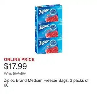 Costco Ziploc Brand Medium Freezer Bags, 3 packs of 60 offer