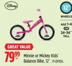Canadian Tire Disney Minnie or Mickey Kids' Balance Bike, 12˝ offer