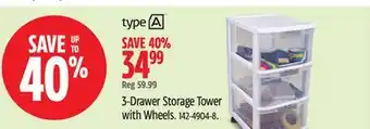 Canadian Tire Type A 3-Drawer Storage Tower with Wheels offer
