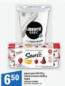 Maxi YOGOURT GREC, 650/750 G LIBERTÉ OU SOURCE, 16X100 G YOPLAIT offer