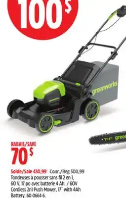 Canadian Tire Greenworks 60V Cordless 2n1 Push Mower offer