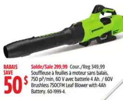 Canadian Tire Greenworks 60V Brushless 750CFM Leaf Blower with 4Ah Battery offer