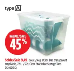 Canadian Tire type A 72L Clear Stackable Storage Tote offer