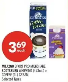 Shoppers Drug Mart Milk2go sport pro milkshake, scotsburn whipping or coffee cream offer