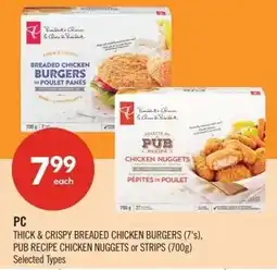 Shoppers Drug Mart PC thick & crispy breaded chicken burgers, pub recipe chicken nuggets or strips offer