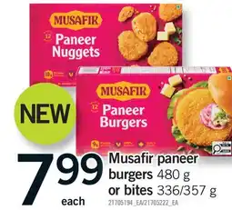 Fortinos MUSAFIR PANEER BURGERS, 480 g or BITES, 336/357 g offer