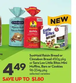 Longo's Raisin Bread or Bread 450g pkg or Little Bites Mini Muffi ns, Bars or Cookies 96-234g pkg offer