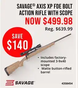 Cabela's SAVAGE AXIS XP FDE BOLT ACTION RIFLE WITH SCOPE offer