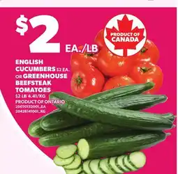 Loblaws ENGLISH CUCUMBERS, $2 EA., OR GREENHOUSE BEEFSTEAK TOMATOES, $2 LB offer