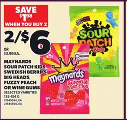 Loblaws MAYNARDS SOUR PATCH KIDS, SWEDISH BERRIES, BIG HEADS, FUZZY PEACH OR WINE GUMS offer