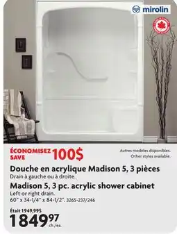 Home Hardware Madison 5, 3 pc. acrylic shower cabinet offer