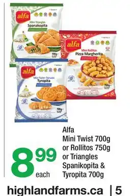 Highland Farms Alfa Mini Twist 700g or Rollitos 750g or Triangles Spanikopita & Tyropita offer