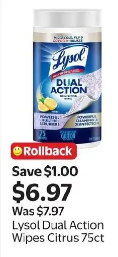 Walmart Lysol Dual Action Wipes Citrus offer