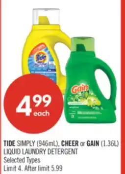 Shoppers Drug Mart TIDE SIMPLY (946mL), CHEER or GAIN (1.36L) LIQUID LAUNDRY DETERGENT offer