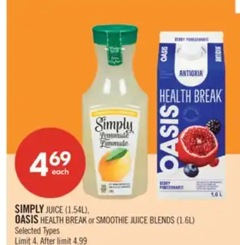 Shoppers Drug Mart SIMPLY JUICE (1.54L), OASIS HEALTH BREAK or SMOOTHIE JUICE BLENDS (1.6L) offer