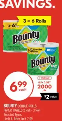 Shoppers Drug Mart BOUNTY DOUBLE ROLLS PAPER TOWELS offer