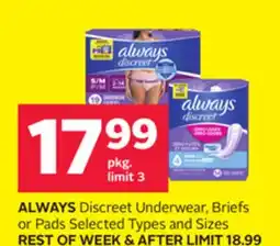 Rexall ALWAYS Discreet Underwear, Briefs or Pads offer