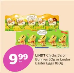 Rexall LINDT Chicks 5's or Bunnies 50g or Lindor Easter Eggs 180g offer