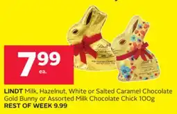 Rexall LINDT Milk, Hazelnut, White or Salted Caramel Chocolate Gold Bunny or Assorted Milk Chocolate Chick offer