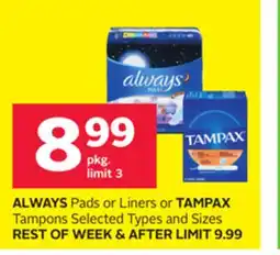 Rexall ALWAYS Pads or Liners or TAMPAX Tampons offer