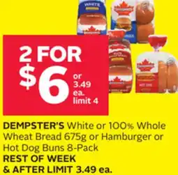 Rexall DEMPSTER'S White or 100% Whole Wheat Bread 675g or Hamburger or Hot Dog Buns 8-Pack offer