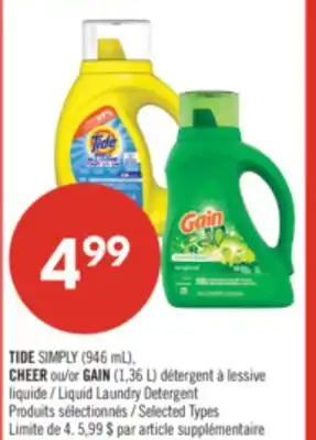 Pharmaprix TIDE SIMPLY (946 mL), CHEER or GAIN (1,36 L) Liquid Laundry Detergent offer