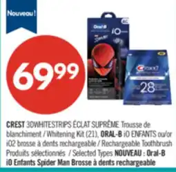 Pharmaprix CREST 3DWHITESTRIPS ÉCLAT SUPRÊME Whitening Kit (21), ORAL-B iO ENFANTS or Rechargeable Toothbrush offer