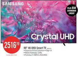 The Brick Samsung 98 4K UHD Edge Lit Dynamic Crystal Colour HDR10+ 120Hz Smart TV (UN98DU9000FXZC) offer