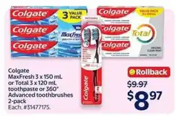 Walmart Colgate MaxFresh or Total Toothpaste or 360° Advanced Toothbrushes offer