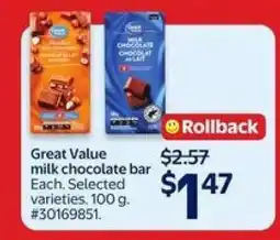 Walmart Great Value Milk Chocolate Bar offer
