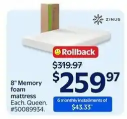 Walmart 8 Memory foam mattress offer