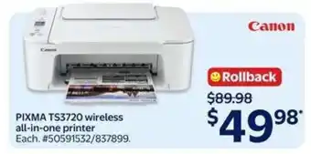 Walmart PIXMA TS3720 Wireless All-in-One Printer offer