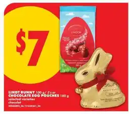 No Frills LINDT BUNNY 100 g / 5's or CHOCOLATE EGG POUCHES 180 g offer