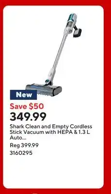Staples Shark Clean and Empty Cordless Stick Vacuum with HEPA & 1.3 L Auto Empty System - White offer