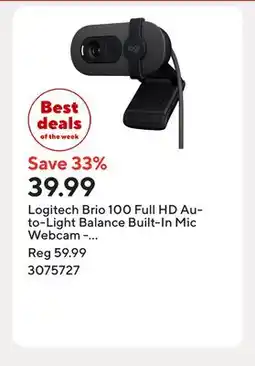 Staples Logitech Brio 100 Full HD Auto-Light Balance Built-In Mic Webcam - Graphite offer