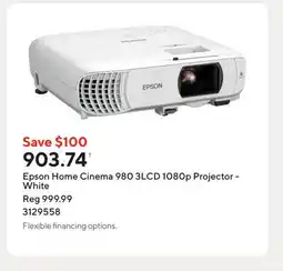 Staples Epson Home Cinema 980 3LCD 1080p Projector - White offer