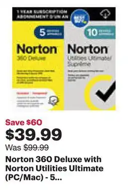 Best Buy Norton 360 Deluxe with Norton Utilities Ultimate (PC/Mac) - 5 Devices - 1 Year - Digital Download offer