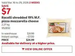 Costco Racolli shredded 19% M.F. pizza mozzarella cheese offer