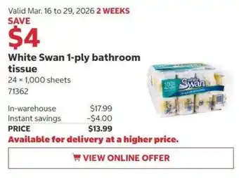 Costco White Swan 1-ply bathroom tissue offer