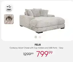 Meubles RD Felix - Corduroy Velvet Chaise with Cup Holders and USB Ports offer