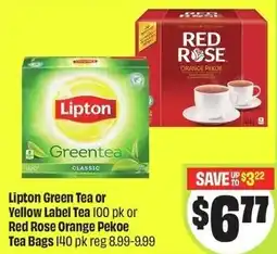 FreshCo Lipton Green Tea or Yellow Label Tea or Red Rose Orange Pekoe Tea Bags offer