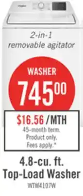 The Brick Whirlpool 4.8 Cu. Ft. Top Load Washer with 2-in-1 Removable Agitator - WTW4107SW offer