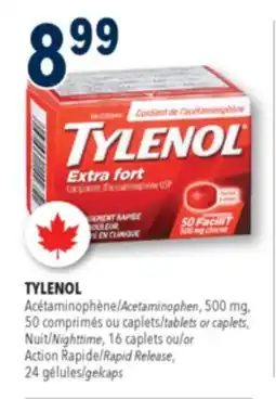 Familiprix TYLENOL, Acetaminophen, 500 mg, 50 tablets or , Nighttime, 16 or Action Rapid Release, 24 gelcaps offer